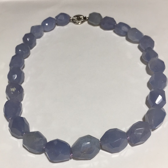GEM TREASURES BLUE CHALCEDONY BEAUTIFUL 14K WHITE GOLD CLOSURE STONES NECKLACE - Picture 3 of 11